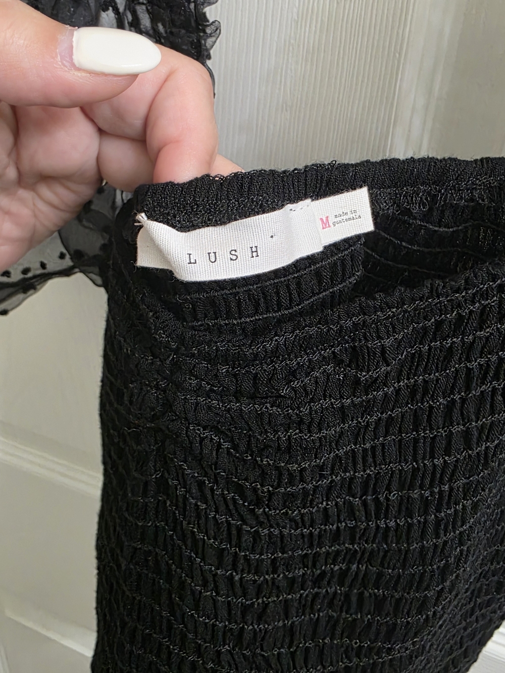 Lush Black Smocked Crop Top with Sheer Puff Dot Sleeves - Picture 3 of 5